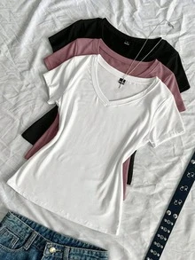 SHEIN EZwear 3件組女款夏季V領修身T恤，龐克次文化動漫純色基礎款短袖修身T恤 - 彩色 - 查看 1