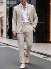 Manfinity Bizformal 男士米色西裝外套與長褲套裝，商務休閒正式穿著，適合派對、婚禮與日常通勤 - 杏色 - 查看 1