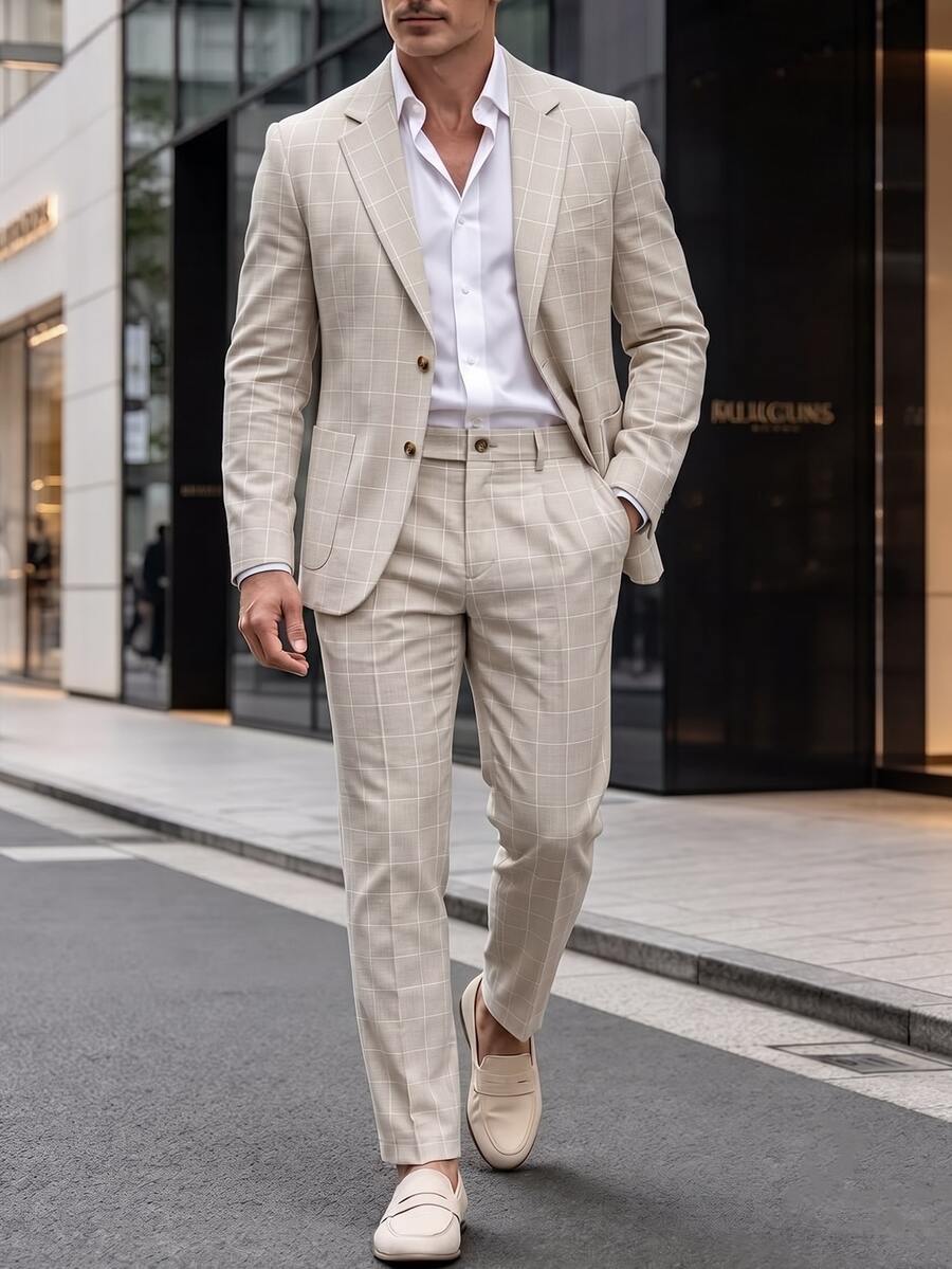 Manfinity Bizformal 男士米色西裝外套與長褲套裝,商務休閒正式穿著,適合派對、婚禮與日常通勤 - 杏色 - 查看 1
