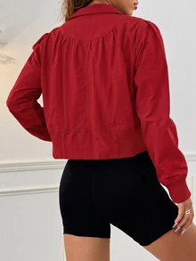 SHEIN EZwear 立領收腰純色拉鍊口袋長袖短版夾克 秋冬款 - 紅色 - 查看 2