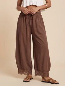SHEIN BAE Women's Solid Color Drawstring Waist Casual Daily Travel Long Pants - Brown - View 4