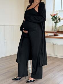 DAZY Solid Color Fitted Camisole Loose Robe Straight Leg Pants Casual Home Wear Spring Autumn 3 Pieces Set Maternity 2 Pieces Set - Black - View 3