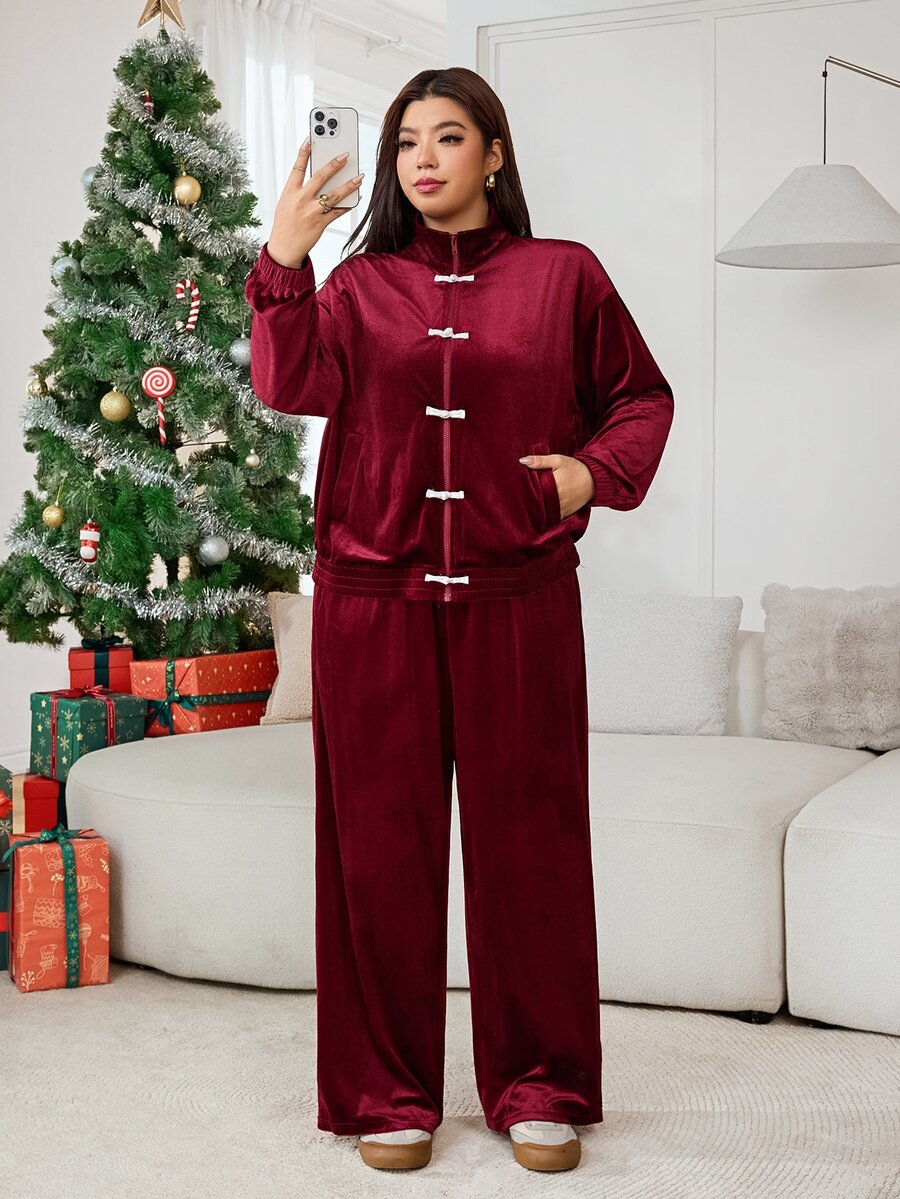 Solflare Plus Size Women's Solid Color Long Sleeve Top And Pants Casual 2 Pieces Set Christmas - Red and White - View 1