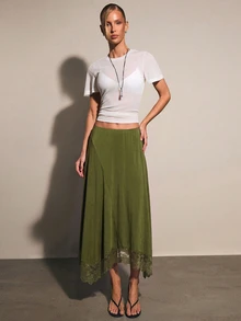 COSMINA Women's Solid Color Contrast Lace Asymmetrical Hem Elegant Midi Skirt Lace-Trimmed Long Skirt Fall Clothes Christmas Skirt Green Skirt - Dark Green - View 5