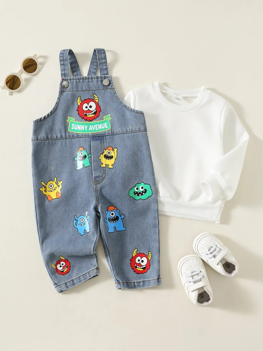 SHEIN Baby Boy Baby Girl Baby Boy Spring Autumn Casual Cute Animal Print Denim Overalls - Blue - View 1