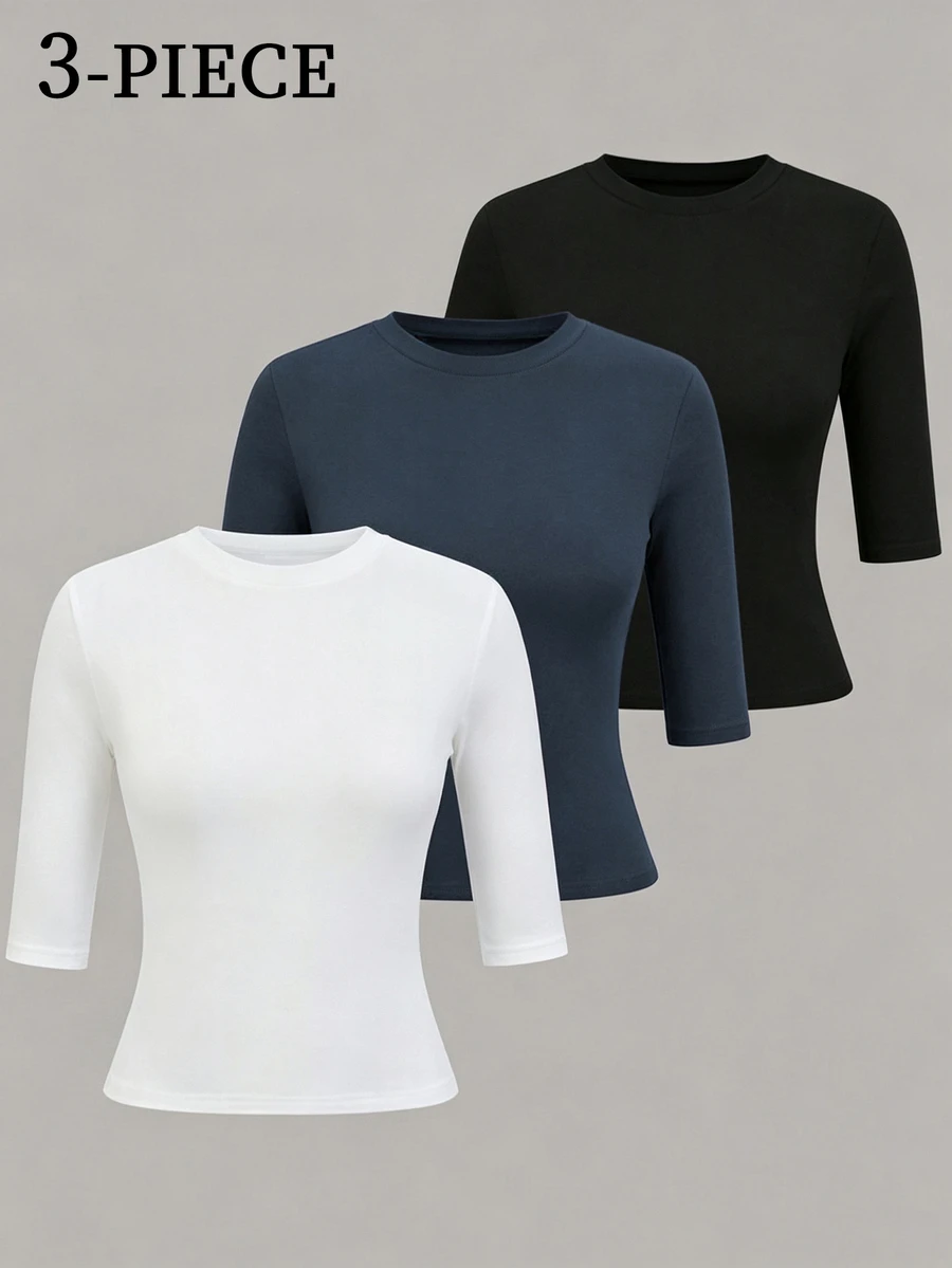 IslaSuriya Women's Solid Color Round Neck Short Sleeve Casual Versatile T-Shirt - Multicolor - View 1