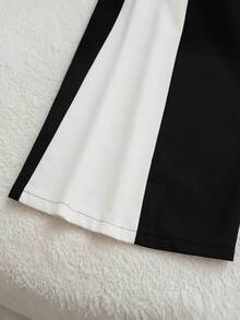 SHEIN PETITE CURVE Plus Size Black & White Color Block Patchwork Wide Leg Pants For Women, Side Button Slit High Waist - Black and White - View 5