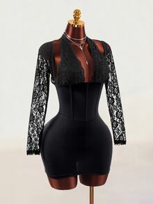 Mistrie Women's Black Sexy Lace Backless Party Long Sleeve Short Dress - Black - View 6