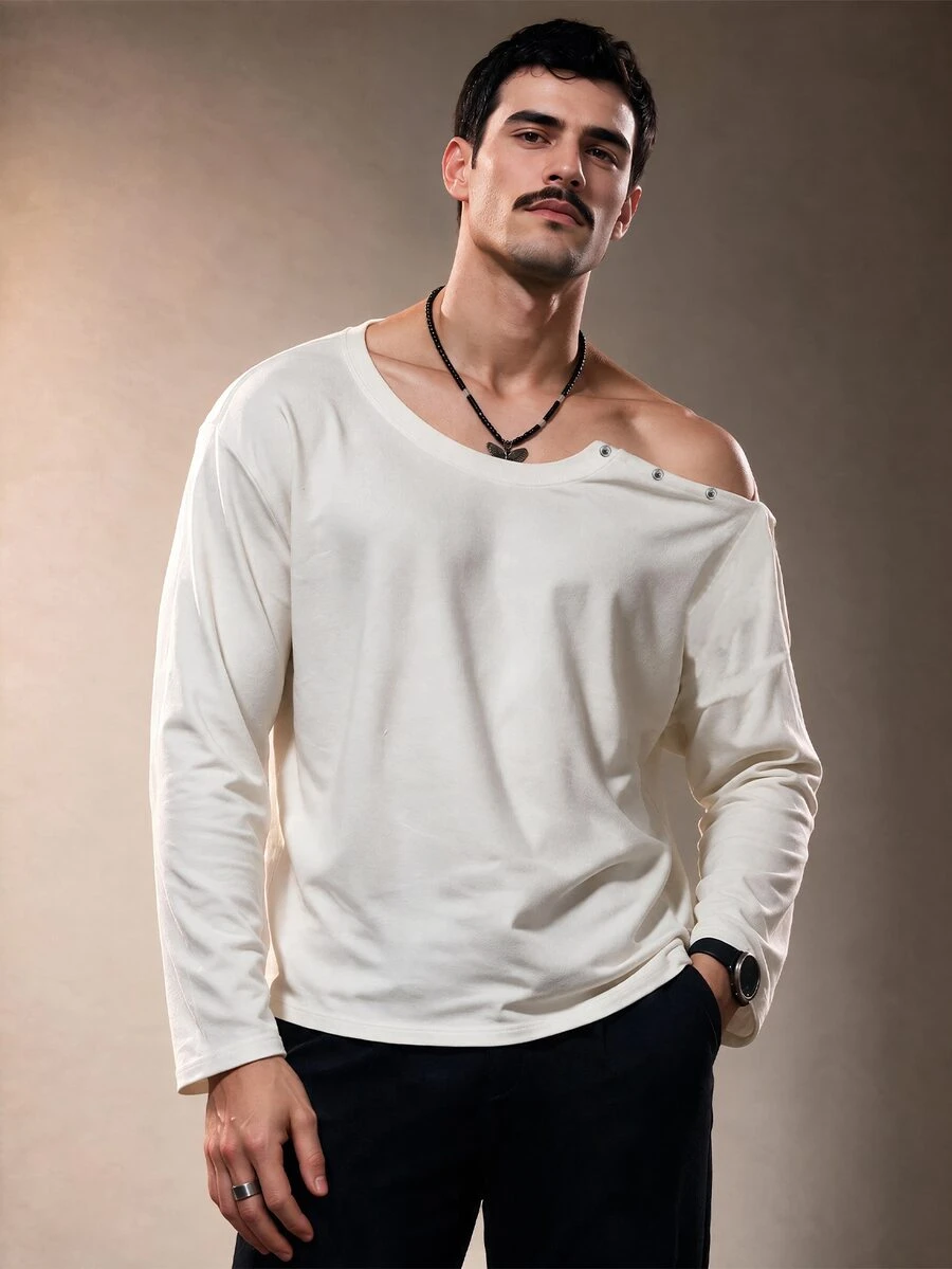 ZURIURI Men's Long Sleeve Off-White Asymmetric Shoulder Button Loose Fit T-Shirt, 80s Streetwear, Fall/ Rave Vacation Date Night Sunset Soiree - White - View 1