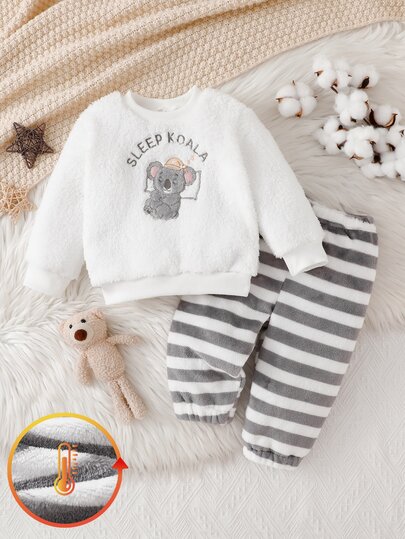 Baby Boy Elegant Autumn/Winter Thermal Lined White Double-Sided Fleece Fabric Sleep Koala Letter Embroidery Pattern Decor Ribbed Crew Neck Long Sleeve Top And Gray/White Striped Plush Long Pants Casual Comfortable Lazy Warm Autumn/Winter Fleece Loungewear 2 Pieces Set FW Thermal Lined Heavywei