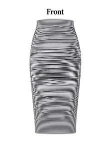 INAWLY A Women's Solid Deep-Brown, Pleated, Midi-Length Skirt-Featuring A Slim, Sexy Silhouette-Perfect For Spring And Summer, As Well As Daily Commuting - Black and White - View 4