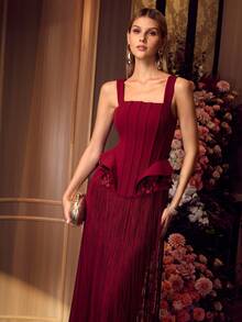 MOTF Soiréza ELEGANT STRAPS SLEEVELESS MAXI GOWN WITH FRINGE HEM FOR FORMAL PARTIES, WEDDINGS, GALAS - Burgundy - View 6
