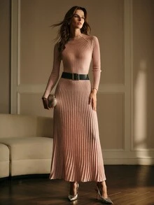 MOTF PREMIUM AUTUMN/WINTER SOFT MINIMALIST SEXY AESTHETIC DATE & COMMUTE HIGH-END FINE GLITTER RIBBED KNIT FABRIC ROUND NECK HOLLOW WAIST CINCHED FISHTAIL HEM CORAL PINK WOMEN'S LONG SWEATER DRESS - Coral Pink - View 6