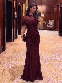 Aureia 優雅奢華珠飾鑽石透視拼接彈性針織網紗抓皺袖魚尾裙，適合婚禮、活動、單身派對、度假、舞會、節慶、派對、音樂節、畢業季、新娘晚禮服 - 酒紅色 - 查看 3