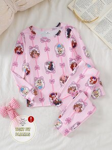 女童蝴蝶結印花長袖上衣與長褲修身套裝，秋冬居家休閒服 - 彩色 - 查看 2