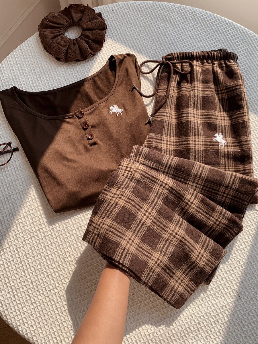 Comfortcana Women's Knight Embroidery Long Sleeve T-Shirt And Plaid Pants Casual 2 Pieces Set - Brown - View 1