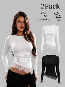 Sweetra Y2K Casual Versatile Contrast Lace Asymmetrical Hem Commuter Preppy Style T-Shirt - Multicolor - View 3