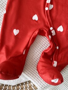SHEIN Bộ 2 món jumpsuit dài tay có chân cho trẻ sơ sinh kèm băng đô, vải dệt kim, phong cách dễ thương, mặc quanh năm, họa tiết in kỹ thuật số hoa đáng yêu - Đỏ - Xem 4