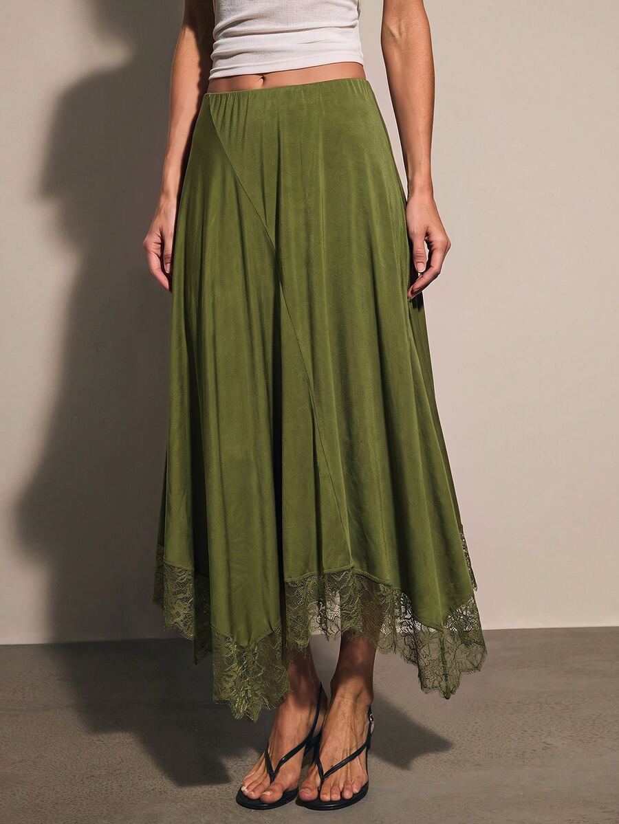 COSMINA Women's Solid Color Contrast Lace Asymmetrical Hem Elegant Midi Skirt Lace-Trimmed Long Skirt Fall Clothes Christmas Skirt Green Skirt - Dark Green - View 1