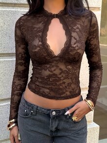 Aloruh Black Lace Hollow Out Design Long Sleeve Sexy Top For Women,Halloween,Clubbing - Brown - View 6