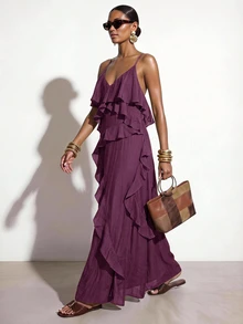 Zivah Women's Solid Color Multi-Layer Ruffle Fashion Vacation Spaghetti Strap Dress - Purple - View 1