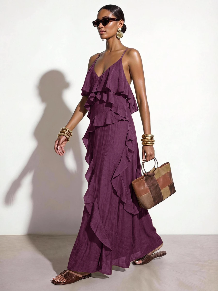 Zivah Women's Solid Color Multi-Layer Ruffle Fashion Vacation Spaghetti Strap Dress - Purple - View 1