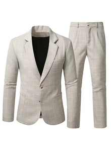 Manfinity Bizformal 男士米色西裝外套與長褲套裝，商務休閒正式穿著，適合派對、婚禮與日常通勤 - 杏色 - 查看 3