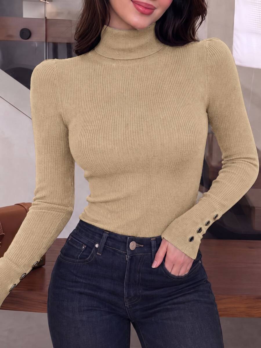 NOVVYNE 女款極簡高領長袖保暖時尚毛衣 - 卡其色 - 查看 1