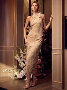 MOTF PREMIUM HALTER NECK SLEEVELESS VELVET LACE DRESS - Apricot - View 6