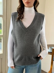 Dazy Maternity Solid Color Loose V-Neck Sleeveless Casual Vacation Korean Style Spring/Autumn Maternity Sweater Vest - Grey - View 4
