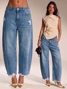 SHEIN Tall 女款街頭風鈕扣口袋水洗破洞牛仔褲 - 中等水洗藍 - 查看 7