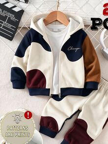 Young Boys Clothes Wave Color Block Chicago Letter Print Zip Up Hoodie Jacket And Jogger Pants Set Fall Winter Tracksuit 2Pcs Outfit - Multicolor - View 6