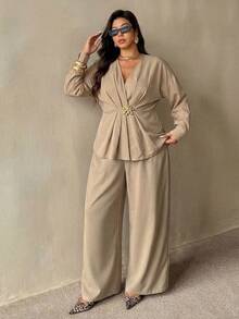Auralis Plus Size Cross V-Neck Metal Buckle Decor Long Sleeve Top & Straight Leg Pants/Elastic Waistband Set/Khaki – Work/Casual - Khaki - View 4