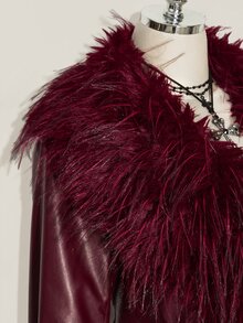 SHEIN ICON Women's Plus Size Faux Fur Patchwork Red Leather Jacket - Red - View 8