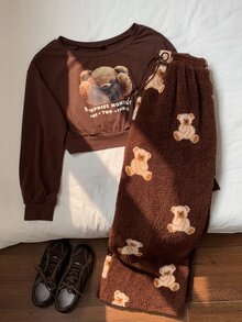 Comfortcana Women's Letter Cartoon Bear Print Sweatshirt And Waist Tie Long Pants Set - Brown - View 9