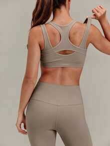 GLOWMODE Seamless Summer Glow Racerback Sports Bra With Mock 2-In-1 Push-Up Design & Removable Cups Low Impact Yoga Pilates Studio Active Wear - Khaki - View 5