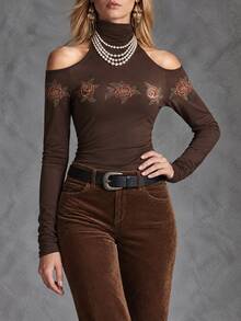 Solivie Women's Autumn Cold Shoulder Printed Coffee Color T-Shirt Top Fall Clothes For Women - Coffee Brown - View 3