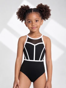 SHEIN Áo leotard sát nách in họa tiết cho bé gái, đồ tập thể dục dụng cụ, mặc được quanh năm thu đông - Đen và trắng - Xem 4