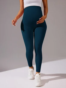 SHEIN سروال رياضي كاجوال يومي بلون موحد للحوامل - ازرق مخضر - مشاهدة 3