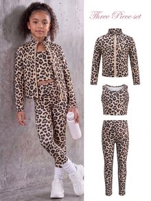 SHEIN Young Girls' Fashion Casual Leopard Print 3 Pieces Set, Fashionable Comfortable High Elasticity, Suitable For Sports, Exercise, Outdoor Activities, Shopping And More - Coffee Brown - View 1