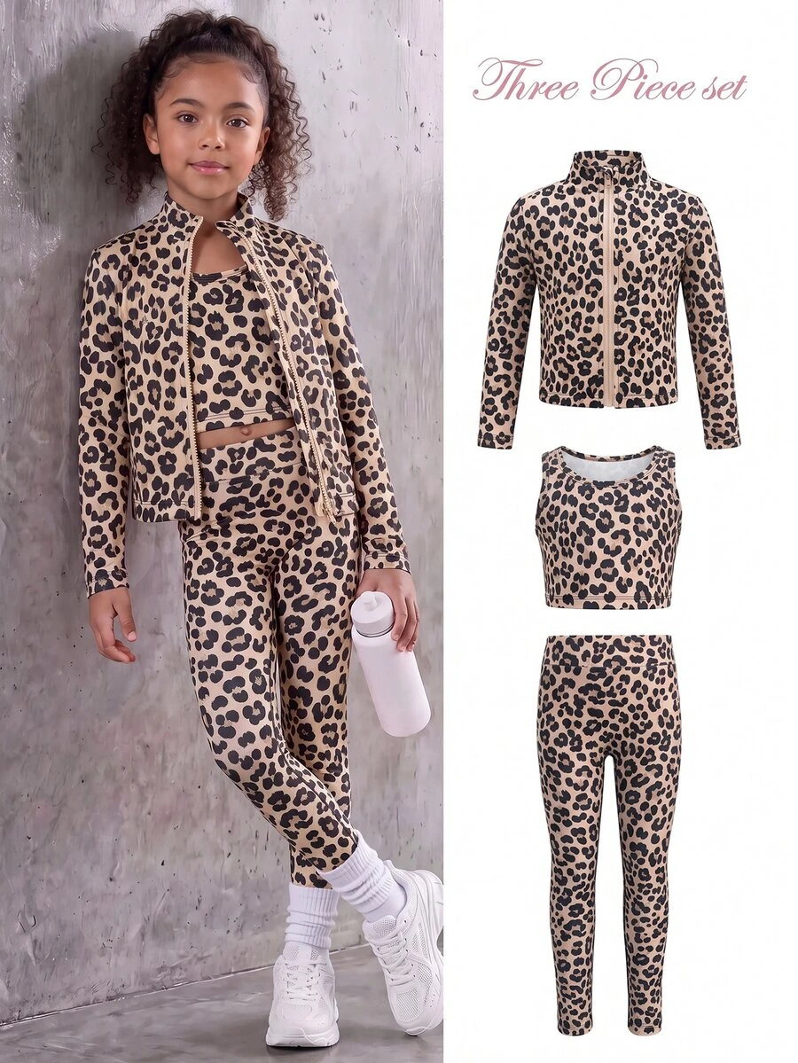 SHEIN Young Girls' Fashion Casual Leopard Print 3 Pieces Set, Fashionable Comfortable High Elasticity, Suitable For Sports, Exercise, Outdoor Activities, Shopping And More - Coffee Brown - View 1