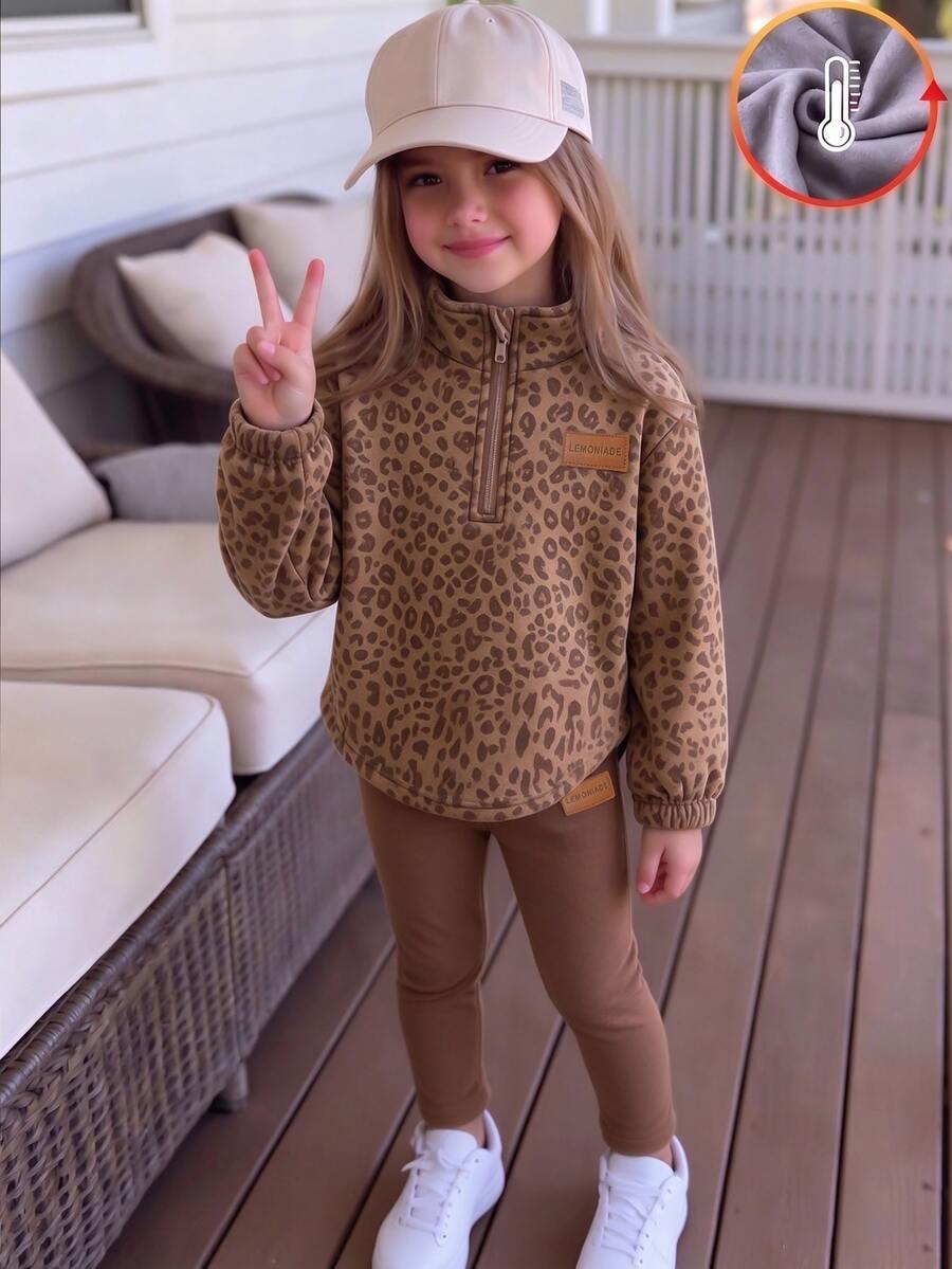 Young Girls Pink Leopard Print Half-Zip Stand Collar Sweatshirt Set With Curved Hem And Elastic Cuffs, Sweet Casual Style - Multicolor - View 1