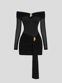 Sweetra Women's Long Sleeve Off-Shoulder Mesh Patchwork Knit Elastic, Slim Fit Waist With Metal Buckle, Suitable For Evening Party And Date - Black - View 1