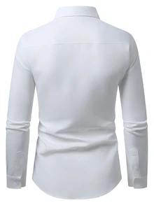Manfinity Bizformal 男士極簡純色翻領長袖襯衫，口袋裝飾設計，白色商務休閒通勤百搭鈕扣襯衫 - 白色 - 查看 2