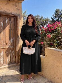 Auralis Plus Size Brown Round Neck Cinched Waist Flared Umbrella Skirt/Casual Cottage Core Dress Elastic Elegant Daily Formal Vacation Going Out Autumn Fall - Black - View 8