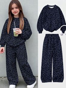 SHEIN 青少年女孩 1 套秋季豹紋衛衣與長褲套裝，舒適休閒秋季日常穿搭 - 寶藍色 - 查看 1