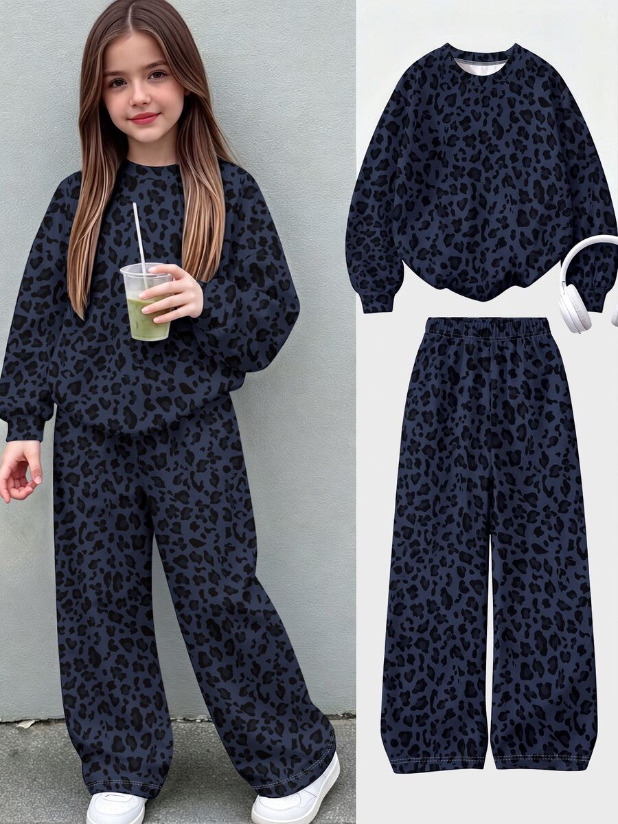 SHEIN 青少年女孩 1 套秋季豹紋衛衣與長褲套裝，舒適休閒秋季日常穿搭 - 寶藍色 - 查看 1
