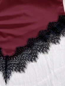 Soleia 不對稱繫帶單肩修身蕾絲拼接上衣，女款，適合約會、夜店、波希米亞風，黑色與米色，夏季，無胸墊 - 酒紅色 - 查看 7
