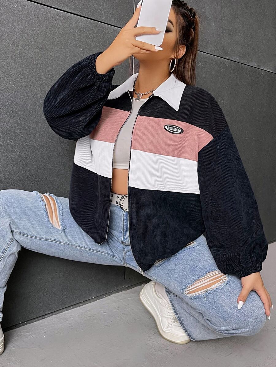 SHEIN EZwear 大尺碼拼色拉鍊外套,秋冬拼色女款外套,燈芯絨短版 Y2K 外套 - 黑與白 - 查看 1