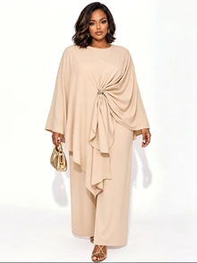 Poshavie Poshavie Plus Size Women Elegant Fashion Premium Set, Long Sleeve Round Neck Flowy Modified Robe Paired With Loose Comfortable Pants, Flattering And Slimming, Suitable For Daily Shopping, Commuting And Outings - Khaki - View 4